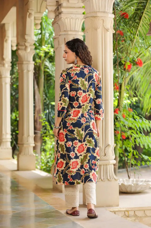 Women Navy Blue Floral Printed Mandarin Collar Pure Cotton Straight Kurta